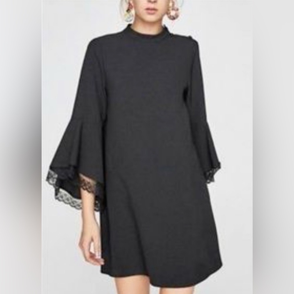 Zara Basic Black Mock Neck Bell Sleeve Lace Trim Mini Shift Dress Medium
.